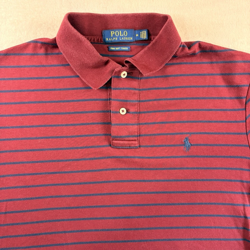 Polo Ralph Lauren Pima Soft Touch Polo Shirt Mens M Maroon Blue Stripe Pony
